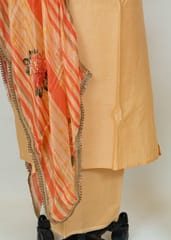 Fawn Colour Muslin Embroidered Shirt With Cotton Lower And Tabby Printed Dupatta