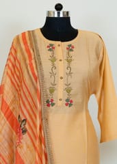 Fawn Colour Muslin Embroidered Shirt With Cotton Lower And Tabby Printed Dupatta