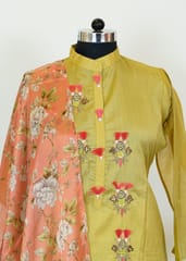 Mehndi Green Colour Chanderi Emroidred Shirt With Cotton Lower And Chinon Printed Dupatta