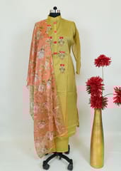 Mehndi Green Colour Chanderi Emroidred Shirt With Cotton Lower And Chinon Printed Dupatta