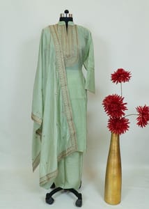 Sea Green Colour Chanderi Shirt With Cotton Lower and Chanderi Embroidered Dupatta