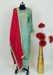 Sea Green Colour Dola Silk Shirt With Shantoon Lower And Red Colour Chinon Dupatta