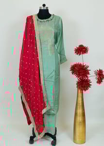 Sea Green Colour Dola Silk Shirt With Shantoon Lower And Red Colour Chinon Dupatta