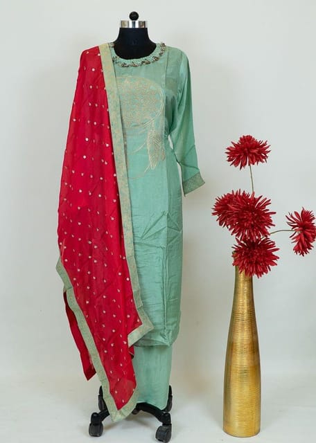 Sea Green Colour Dola Silk Shirt With Shantoon Lower And Red Colour Chinon Dupatta