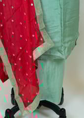 Sea Green Colour Dola Silk Shirt With Shantoon Lower And Red Colour Chinon Dupatta