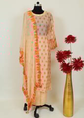 Fawn Colour Muslin Printed Shirt With Shantoon Bottom And Printed Chiffon DUpatta