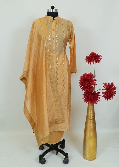 Light Mustard Colour Chanderi Embroidered Shirt With Cotton Lower And Chanderi Dupatta