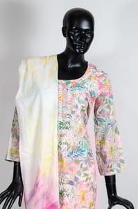 Multi Color Cotton Print with  Hand Embroidered Shirt with Pink Color Cotton Pant and Cotton Tie and Dye Dupatta