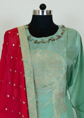 Sea Green Colour Dola Silk Shirt With Shantoon Lower And Red Colour Chinon Dupatta