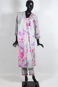 Grey Color Cotton Print with Embroidered Shirt with Cotton Embroidered Pant and Cotton Printed Dupatta