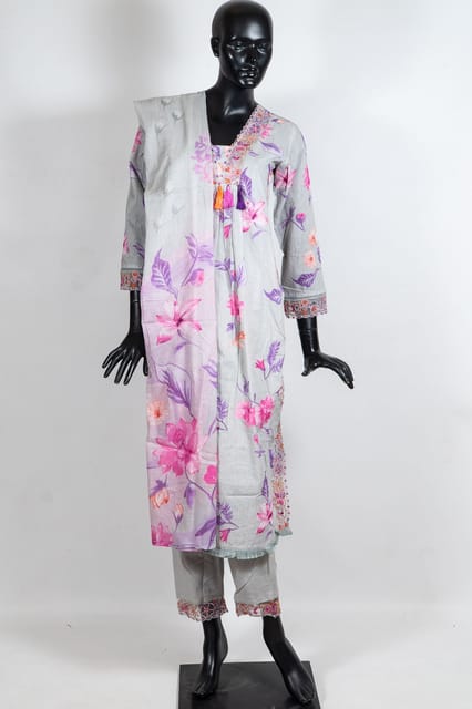 Grey Color Cotton Print with Embroidered Shirt with Cotton Embroidered Pant and Cotton Printed Dupatta