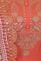 Carrot Colour Muslin Embroidered Shirt With Cotton Lower And Muslin Printed Dupatta