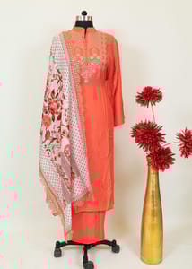 Carrot Colour Muslin Embroidered Shirt With Cotton Lower And Muslin Printed Dupatta