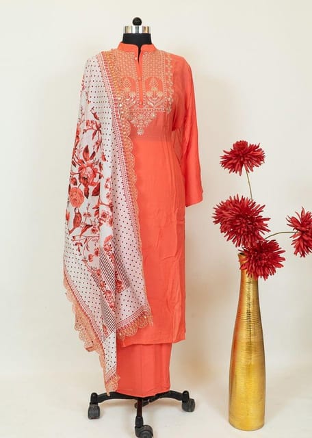 Carrot Colour Muslin Embroidered Shirt With Cotton Lower And Muslin Printed Dupatta