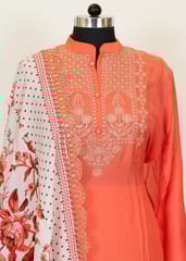 Carrot Colour Muslin Embroidered Shirt With Cotton Lower And Muslin Printed Dupatta