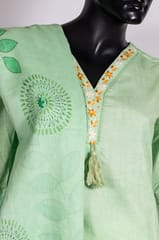 Pista Green Color Cotton Print with Embroidered Shirt with Cotton Pant and Cotton Printed Dupatta