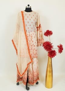 Cream Colour Muslin Printed Sharara Suit Set With Chiffon Dupatta