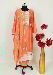 Dark Peach Colour Chanderi Printed Shirt With Cotton Lower And Voil Dupatta