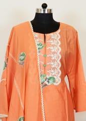 Dark Peach Colour Chanderi Printed Shirt With Cotton Lower And Voil Dupatta
