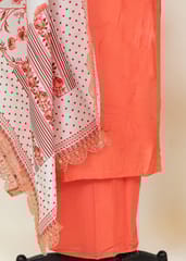 Carrot Colour Muslin Embroidered Shirt With Cotton Lower And Muslin Printed Dupatta