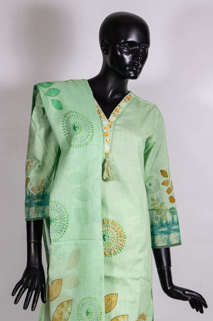 Pista Green Color Cotton Print with Embroidered Shirt with Cotton Pant and Cotton Printed Dupatta