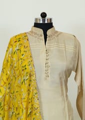Fawn Colour Monga Silk Embroidered Shirt With Shantoon Lower And Yellow Chinon Printed Embroidered Dupatta