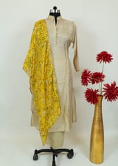 Fawn Colour Monga Silk Embroidered Shirt With Shantoon Lower And Yellow Chinon Printed Embroidered Dupatta