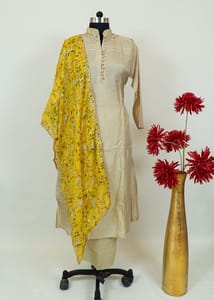 Fawn Colour Monga Silk Embroidered Shirt With Shantoon Lower And Yellow Chinon Printed Embroidered Dupatta