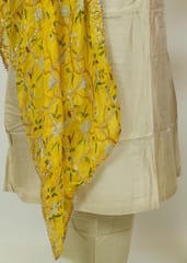 Fawn Colour Monga Silk Embroidered Shirt With Shantoon Lower And Yellow Chinon Printed Embroidered Dupatta