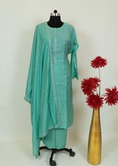 Sea Green Colour Chanderi Embroidered Shirt With Cotton Lower And Chanderi Dupatta
