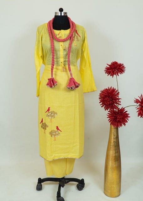 Yellow Chanderi Embroidered Shirt With Cotton Lower And Majenta Cotton Crush Dupatta