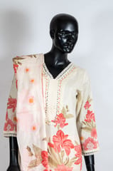 Cream Color Cotton Flex Print with Embroidered Shirt with Gajree Color Cotton Flex Pant and Cotton Printed Dupatta