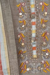 Dark Grey Colour Monga Silk Embroidered Shirt With Shantoon Lower And Tabby Strips Dupatta