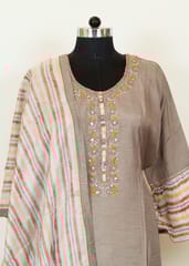 Dark Grey Colour Monga Silk Embroidered Shirt With Shantoon Lower And Tabby Strips Dupatta