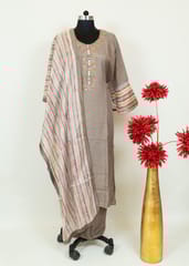 Dark Grey Colour Monga Silk Embroidered Shirt With Shantoon Lower And Tabby Strips Dupatta