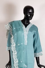Sage Green Color Muslin Embroidered Shirt with Muslin Pant and Organza Embroidered Dupatta