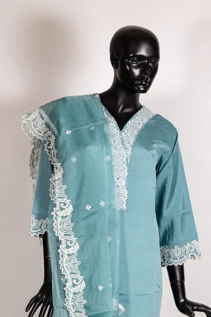 Sage Green Color Muslin Embroidered Shirt with Muslin Pant and Organza Embroidered Dupatta