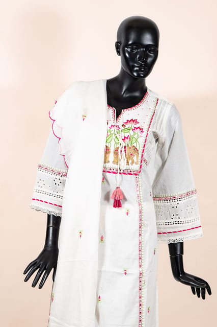 White Color Cotton Embroidered Shirt with White Cotton Pant and Cotton Embroidered Dupatta