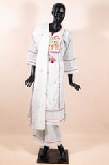 White Color Cotton Embroidered Shirt with White Cotton Pant and Cotton Embroidered Dupatta
