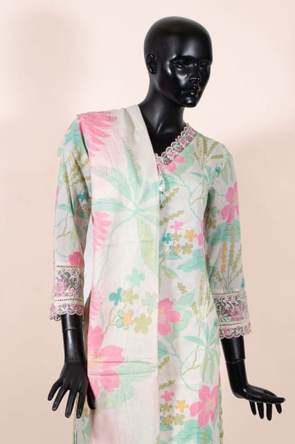 Cream Color Cotton Print with Embroidered Shirt with Cotton Pant and Cotton Printed Dupatta