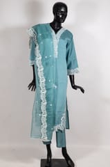 Sage Green Color Muslin Embroidered Shirt with Muslin Pant and Organza Embroidered Dupatta