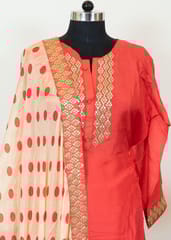 Carrot Colour Dola Silk Embroidered Shirt With Shantoon Lower and Cream Colour Tabby Print Dupatta With Embroidered Border