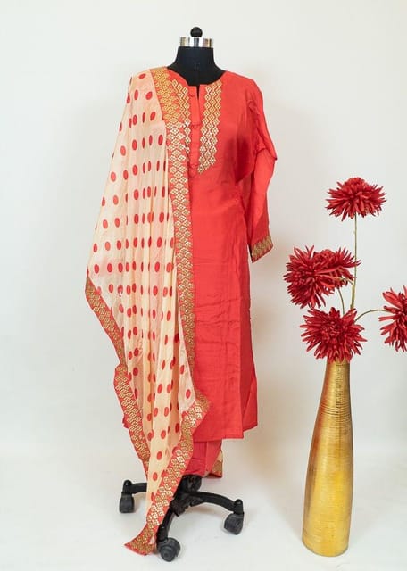 Carrot Colour Dola Silk Embroidered Shirt With Shantoon Lower and Cream Colour Tabby Print Dupatta With Embroidered Border