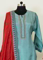 Sea Green Upada Embroidered Shirt With Upada Lower and Red Chinon Dupatta