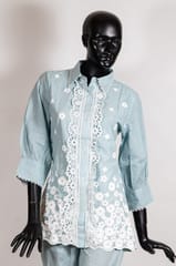 Grey Color Cotton Embroidered Shirt with Cotton Pant Co-ord Set