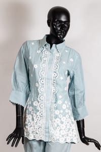 Grey Color Cotton Embroidered Shirt with Cotton Pant Co-ord Set