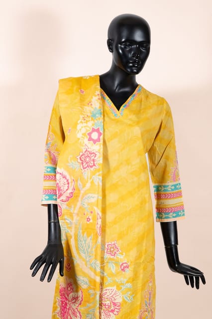 Mustard Color Cotton Embroidered Shirt with Cotton Pant and Cotton Printed Dupatta