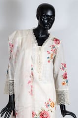 Cream Color Cotton Print with Chikankari Embroidered Shirt with Cotton Pant and Chiffon Printed Dupatta