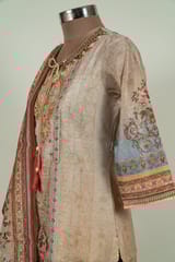 Fawn Colour Chanderi Print with Embroidered Shirt with Bottom and Chanderi Printed Dupatta