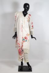 Cream Color Cotton Print with Chikankari Embroidered Shirt with Cotton Pant and Chiffon Printed Dupatta